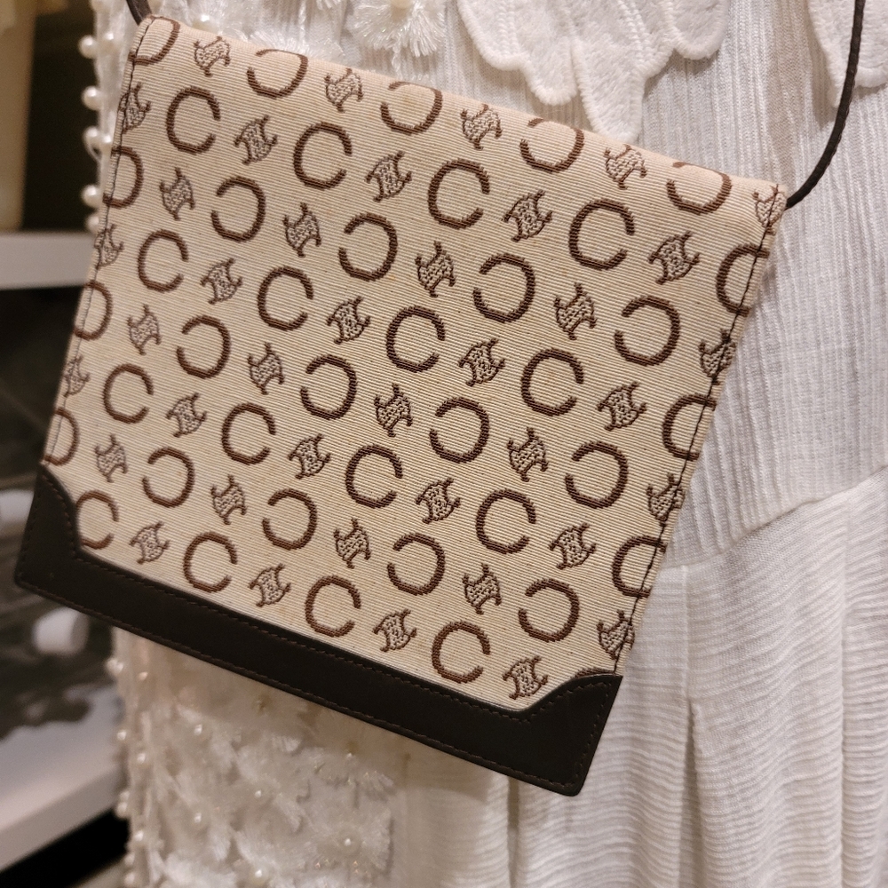 Authentic CELINE C Macadam Bifold Pouch Wallet w/Shoulder Strap